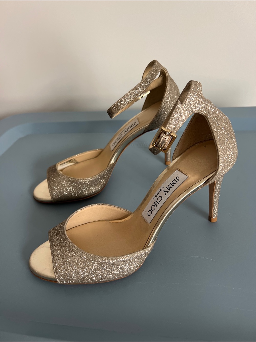 Jimmy Choo annie 85 gold glittery sparkly peep open toe heels sandals 36